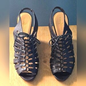 Cole Haan / Black Gladiator Wedge Heels / Size 8.5